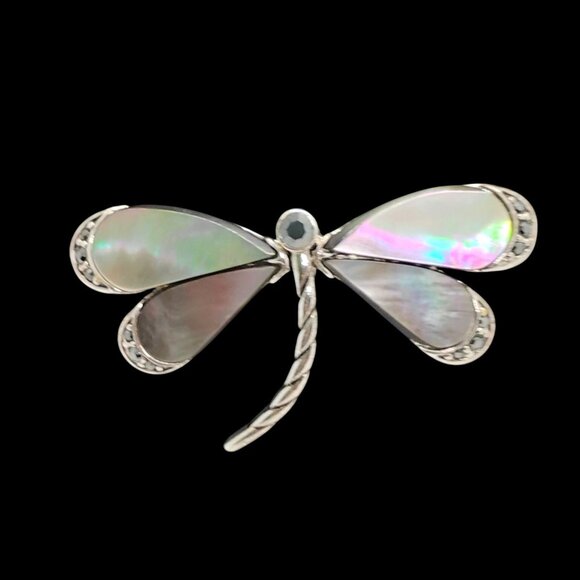 Vintage Monet Dragonfly Brooch Pin Silver Tone with Abalone Marcasite Rhinestone - Picture 1 of 6